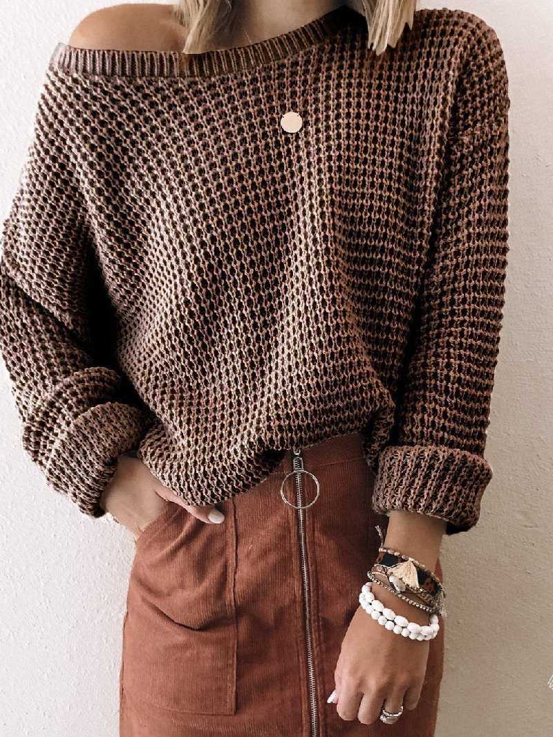 Fashion Solid Color Diagonal Collar Short Long Sleeve Knitted Sweater