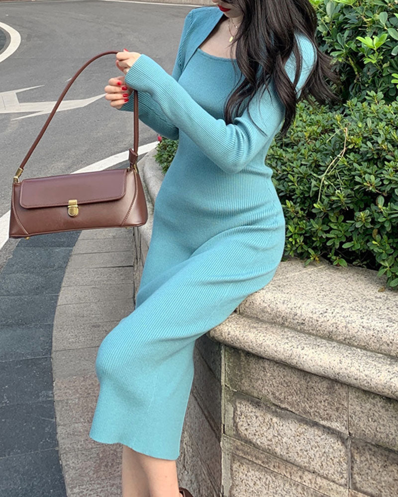 Retro Elegance Pack Shoulder Square Neck Slim Dress