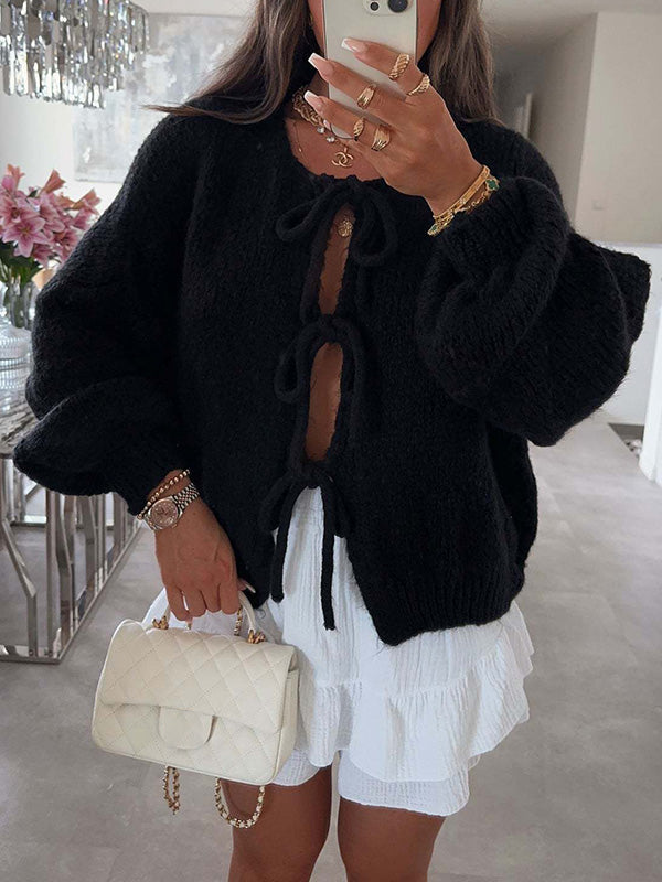 Stylish Solid Color Crew Neck Lace-up Sweater