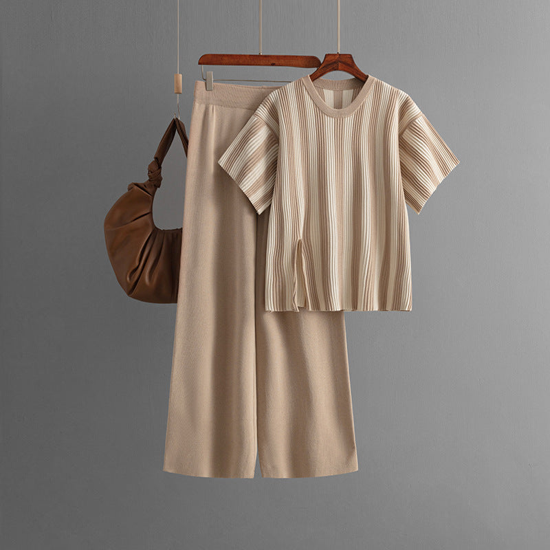 Casual Vertical Stripe Slit Top & High Waist Solid Color Pants Two-Piece Set