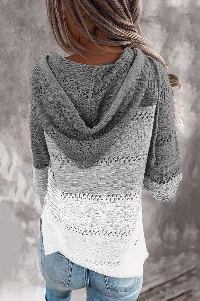 Striped & Leopard Patchwork V-Neck Hooded Sweater
