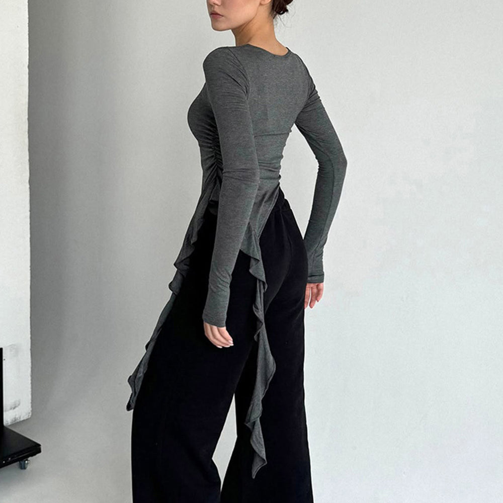 Solid Color Round Neck Ruffled Long-sleeved T-shirt