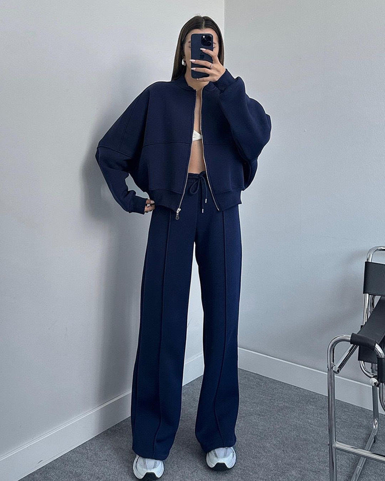 Fashionable Sweatshirt Jacket & Straight Pants Two-piece Set
