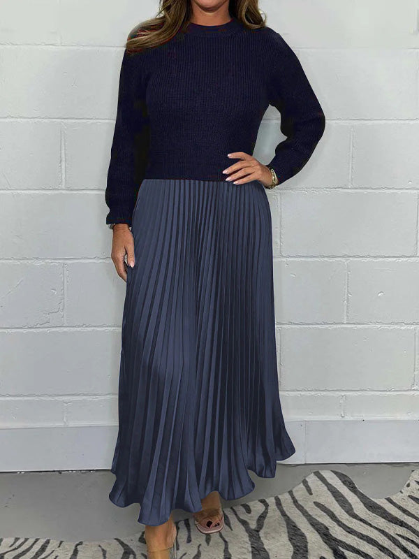 Fashion Solid Color Long-Sleeved Patchwork Pleated Dress