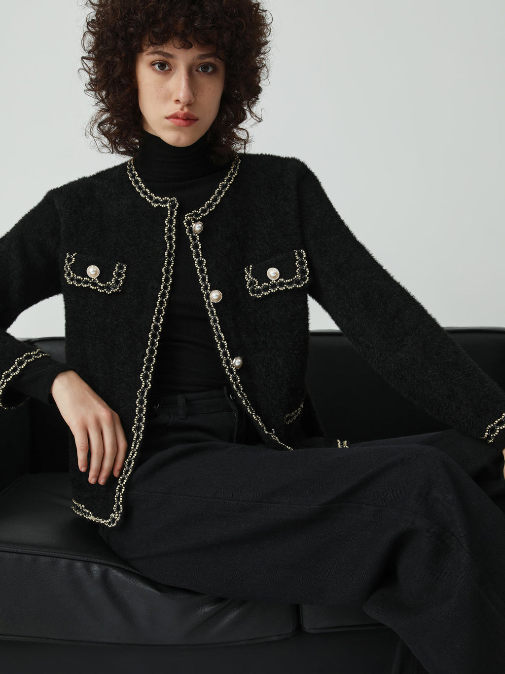 Pearl Button Contrast Trim Fuzzy Cardigan