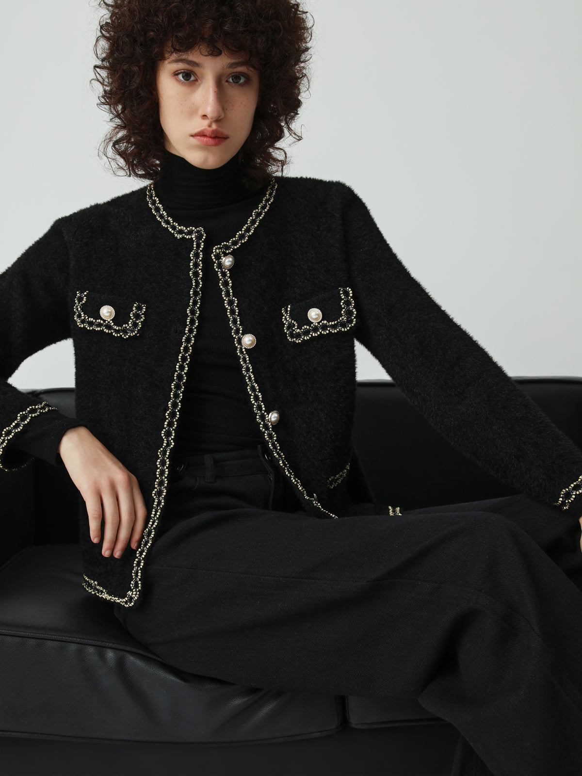 Pearl Button Contrast Trim Fuzzy Cardigan