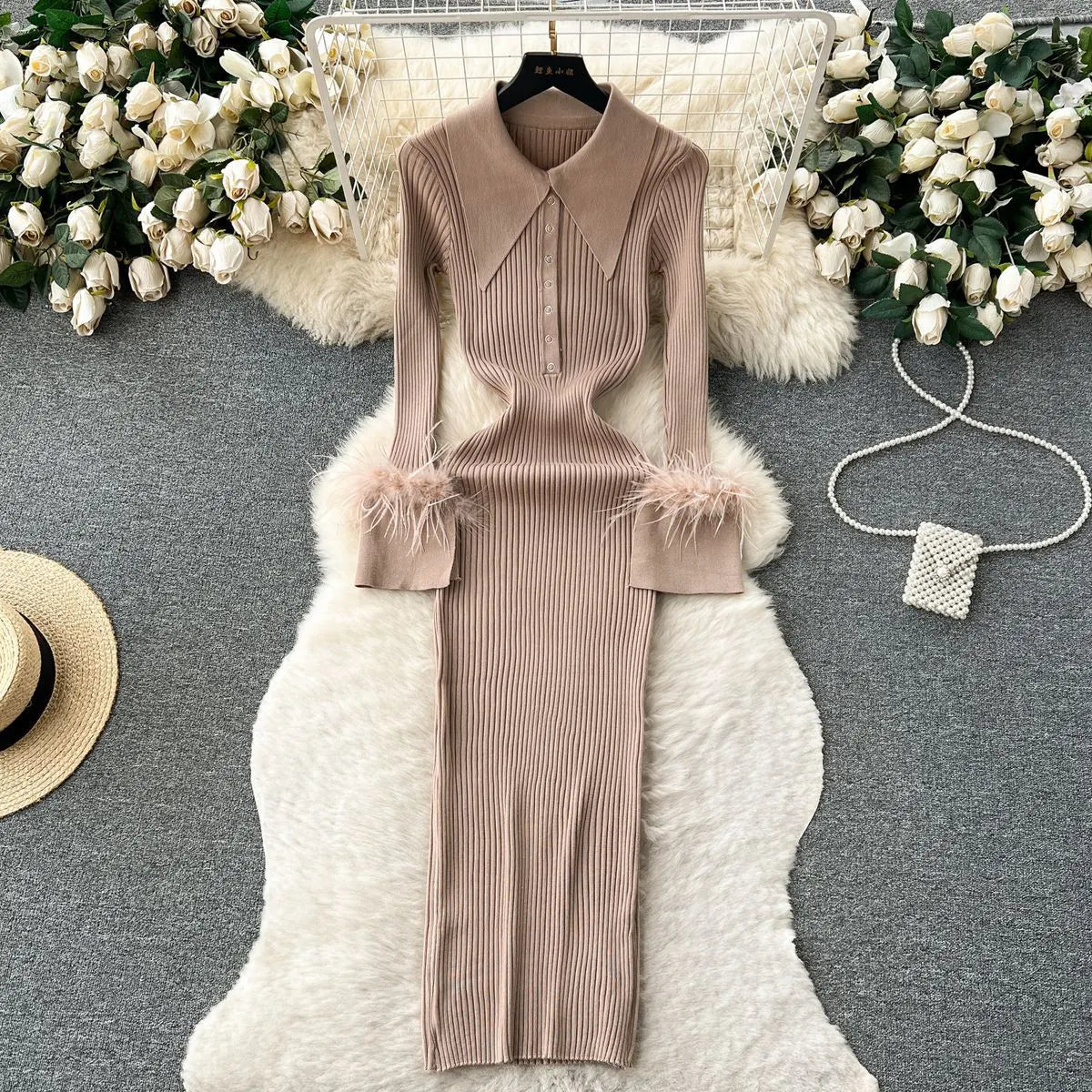 Open Collar Fuzzy Hem Long Sleeve Midi Sweater Dress