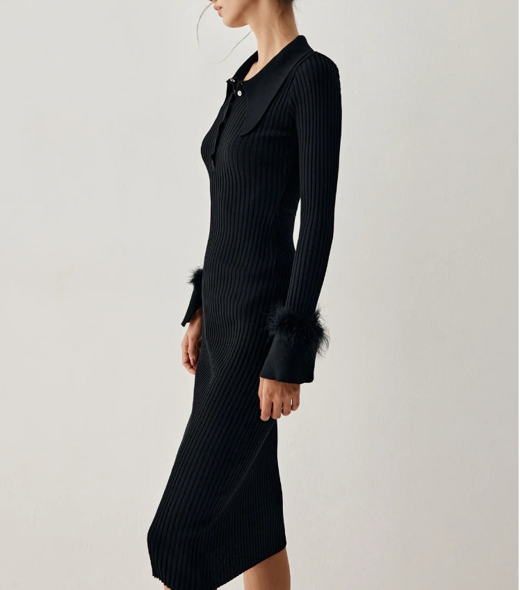 Open Collar Fuzzy Hem Long Sleeve Midi Sweater Dress