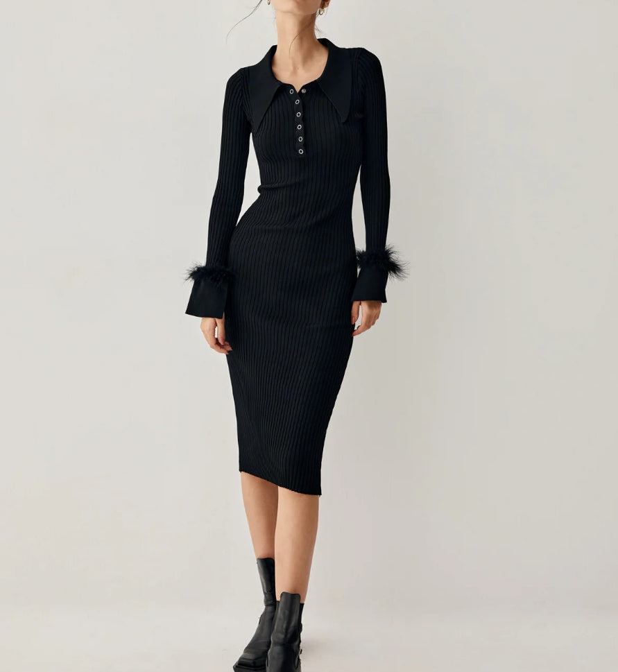 Open Collar Fuzzy Hem Long Sleeve Midi Sweater Dress