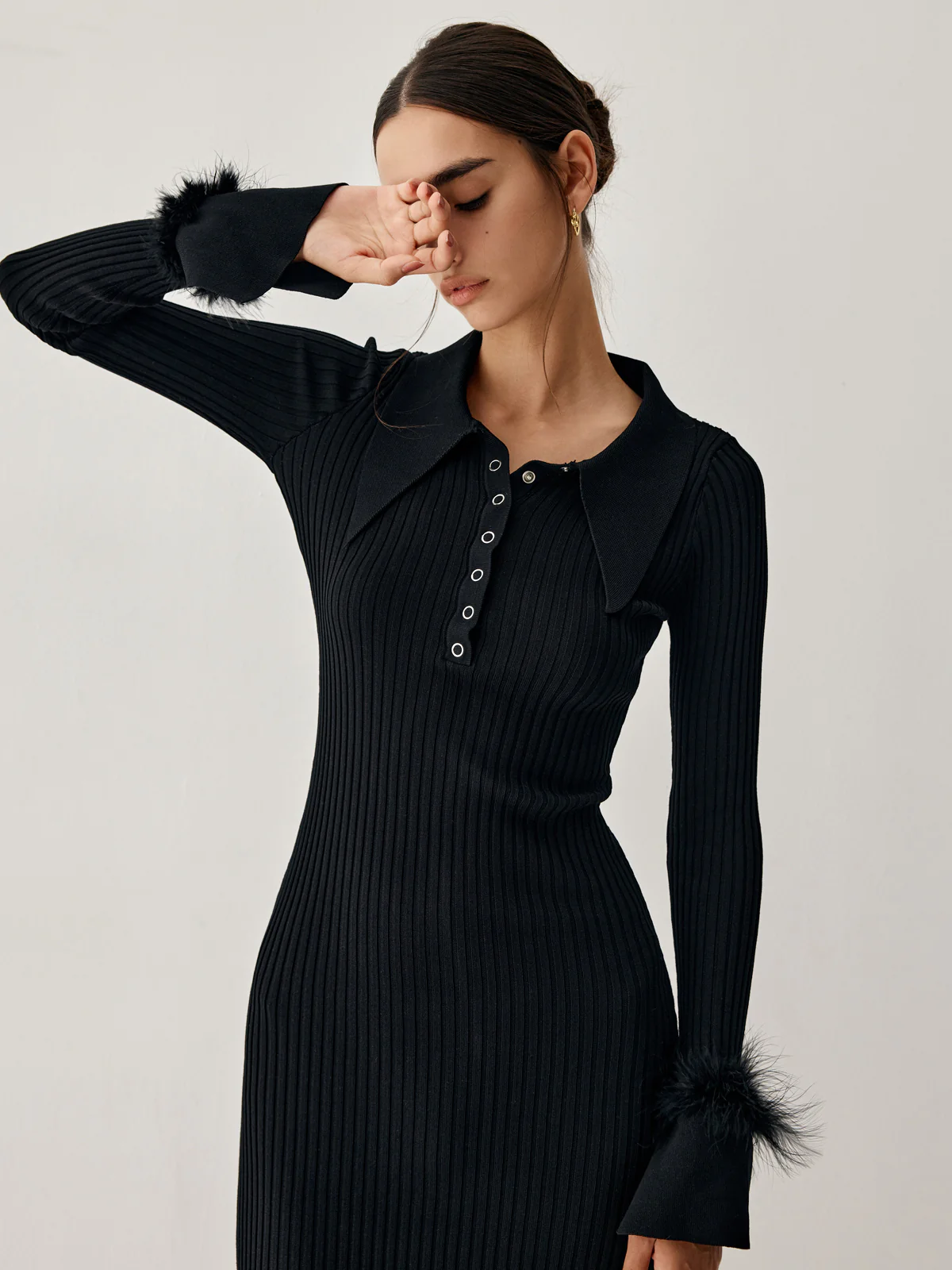 Open Collar Fuzzy Hem Long Sleeve Midi Sweater Dress