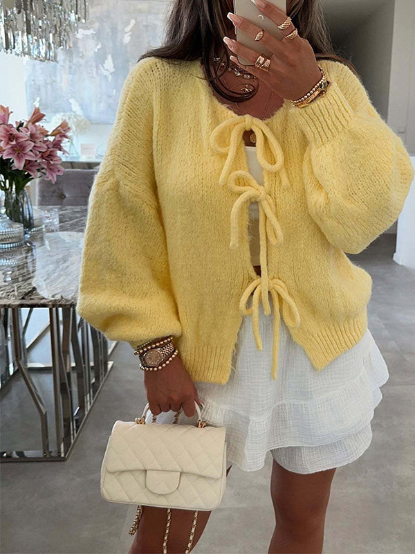 Stylish Solid Color Crew Neck Lace-up Sweater