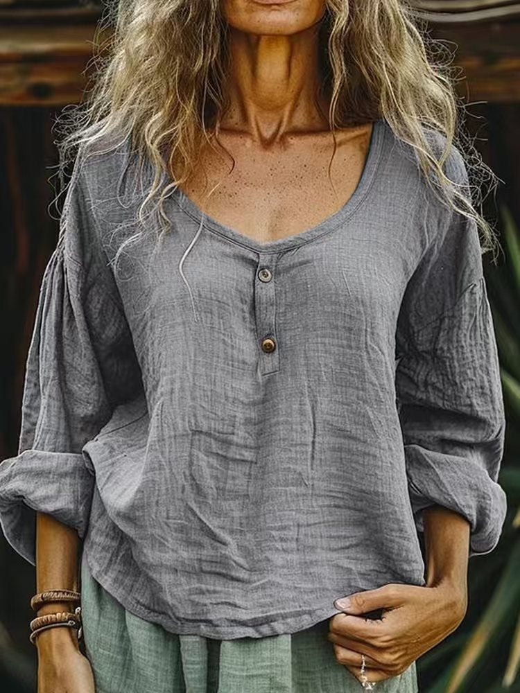 Solid Crewneck Half-open Shirt
