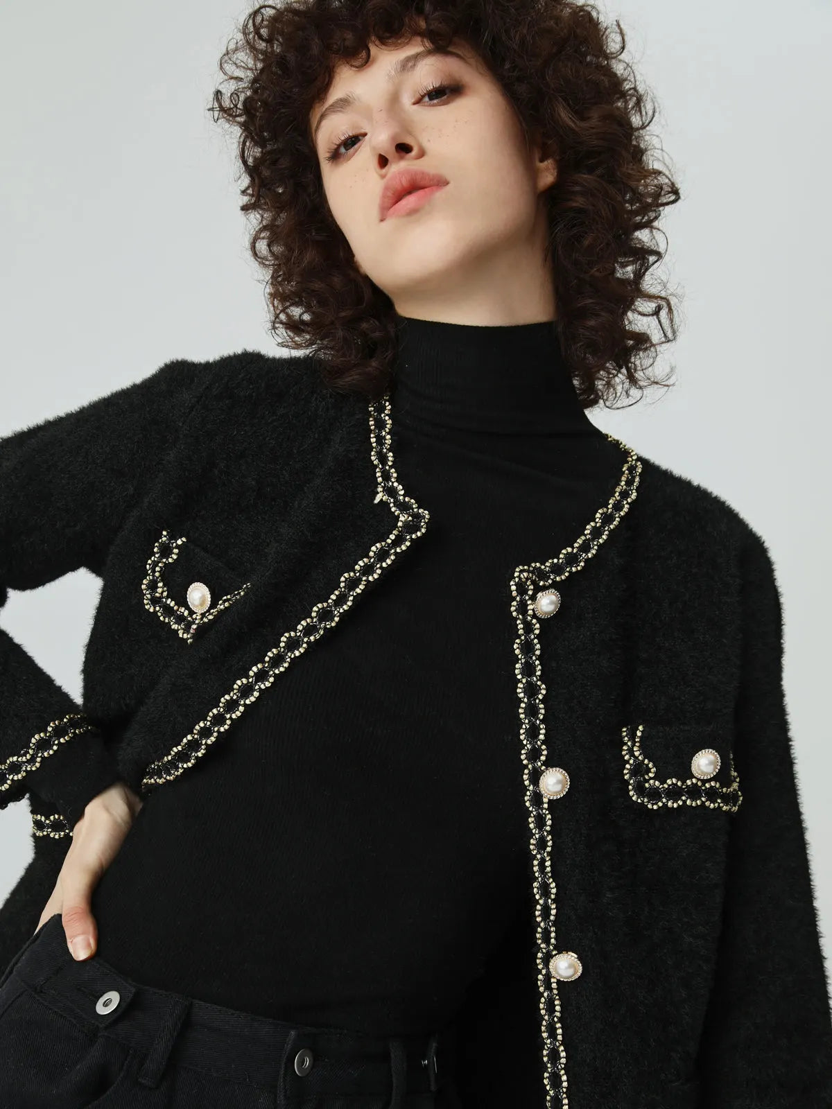 Pearl Button Contrast Trim Fuzzy Cardigan