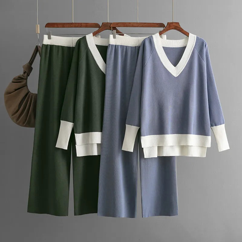 Casual V-Neck Contrast Top & Wide-Leg Pants Two-Piece Set