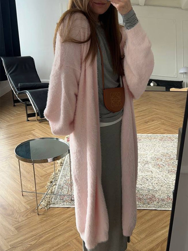 Stylish Solid Color Waistband Loose Long Sweater