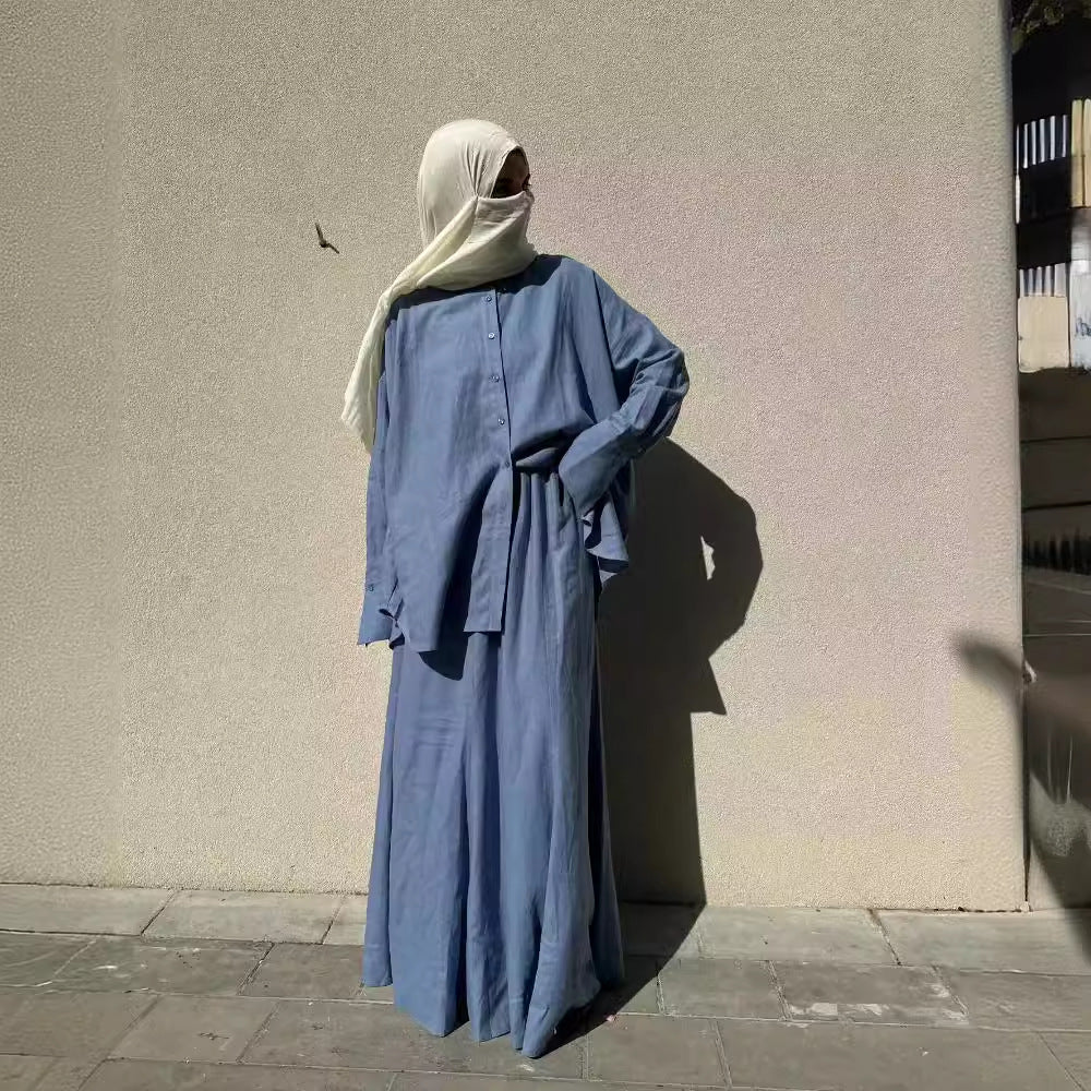 Casual Loose Long Sleeve Shirt & Skirt Solid Color Two-Piece Set