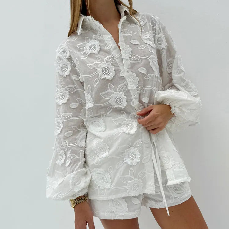 Stylish Embroidered See-Through Shirt & High-Waisted Shorts Set