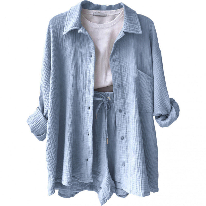 Fashion Shirt High Waist Drawstring Shorts Set