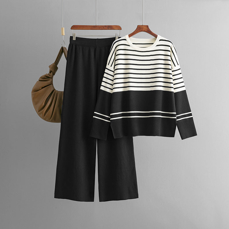 Casual Striped Crewneck Sweater Stylish Two-piece Set