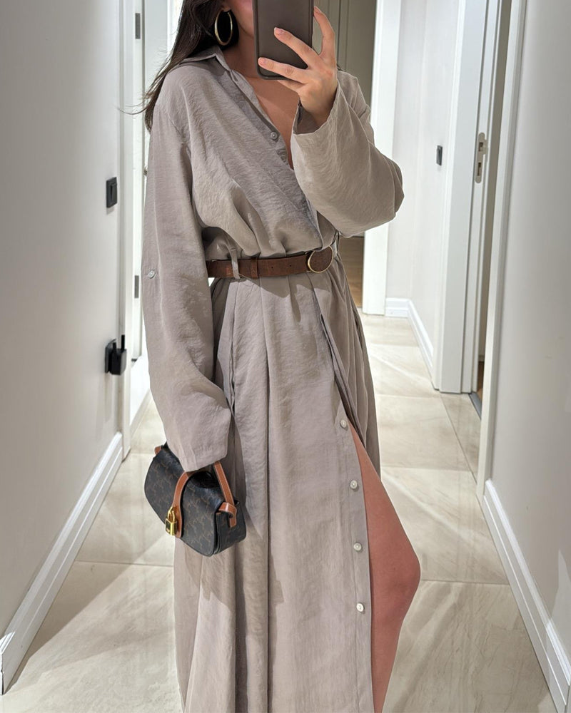 Casual Solid Color Shirt Dress (Without Belt)