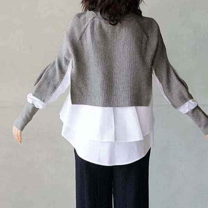 Stylish Crew Neck Long Sleeve Fake Two Pieces Top