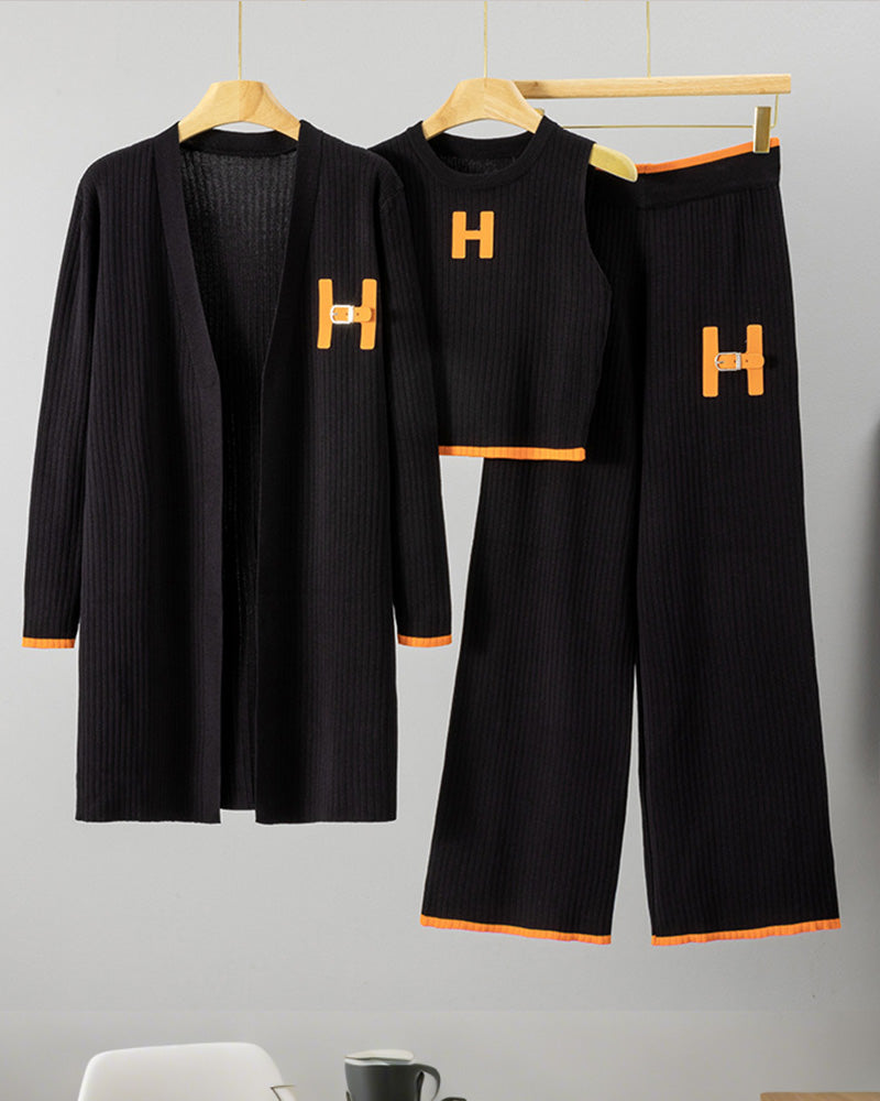 Knitted Long Cardigan Vest Trousers Three-piece Set