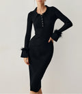 Open Collar Fuzzy Hem Long Sleeve Midi Sweater Dress