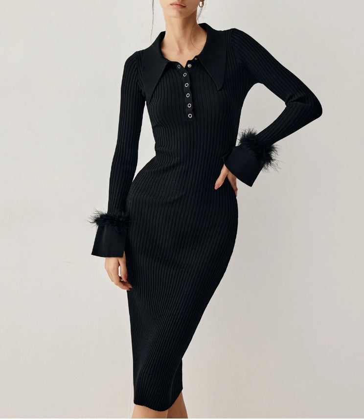 Open Collar Fuzzy Hem Long Sleeve Midi Sweater Dress