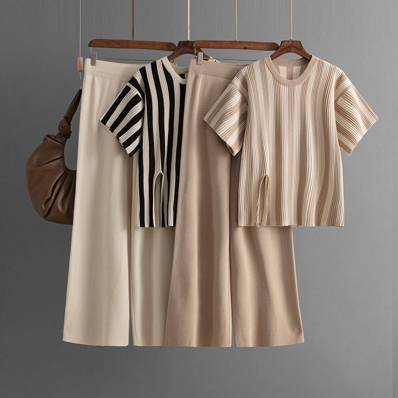Casual Vertical Stripe Slit Top & High Waist Solid Color Pants Two-Piece Set