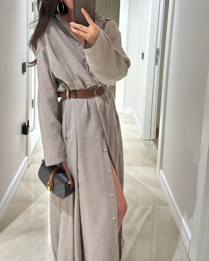 Casual Solid Color Shirt Dress (Without Belt)