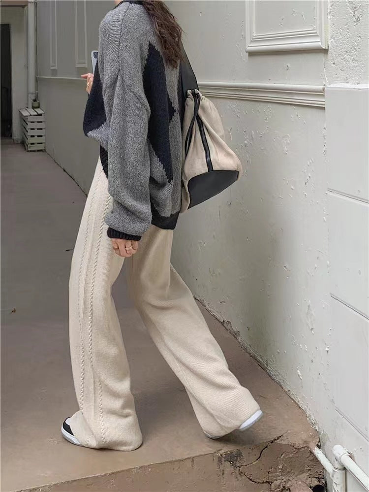 Twist Knit Wide Leg Casual Straight Trousers