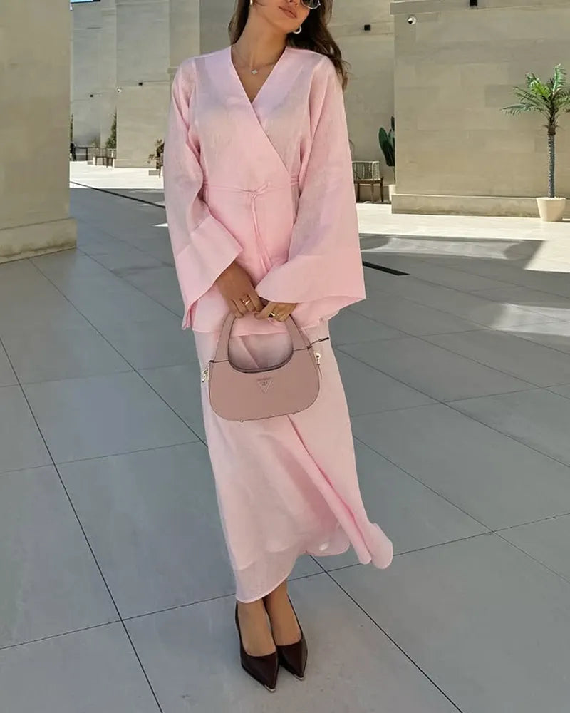 Casual V-Neck Split Shirt & Skirt Two-Piece Set