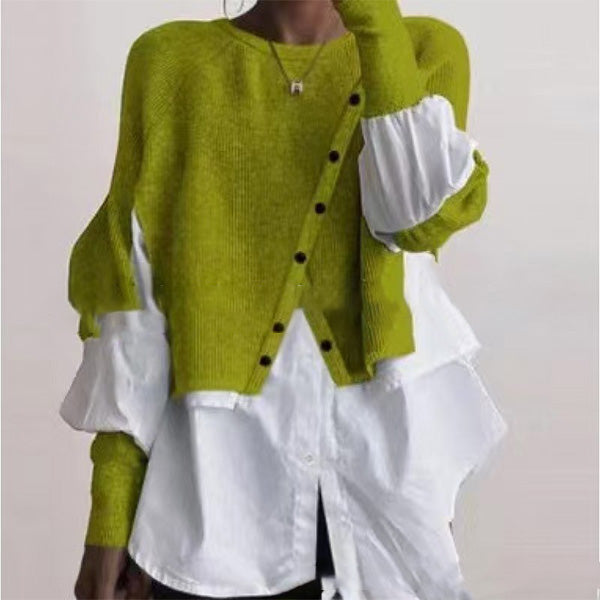 Stylish Crew Neck Long Sleeve Fake Two Pieces Top