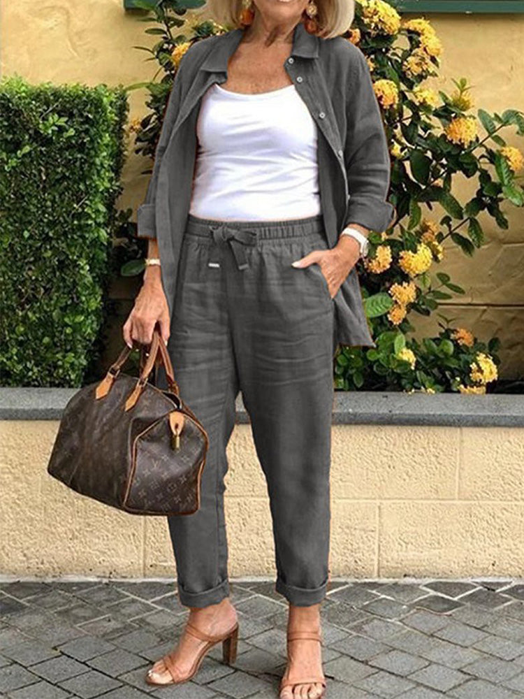 Casual Lapel Blazer & Loose Pants Two-Piece Set