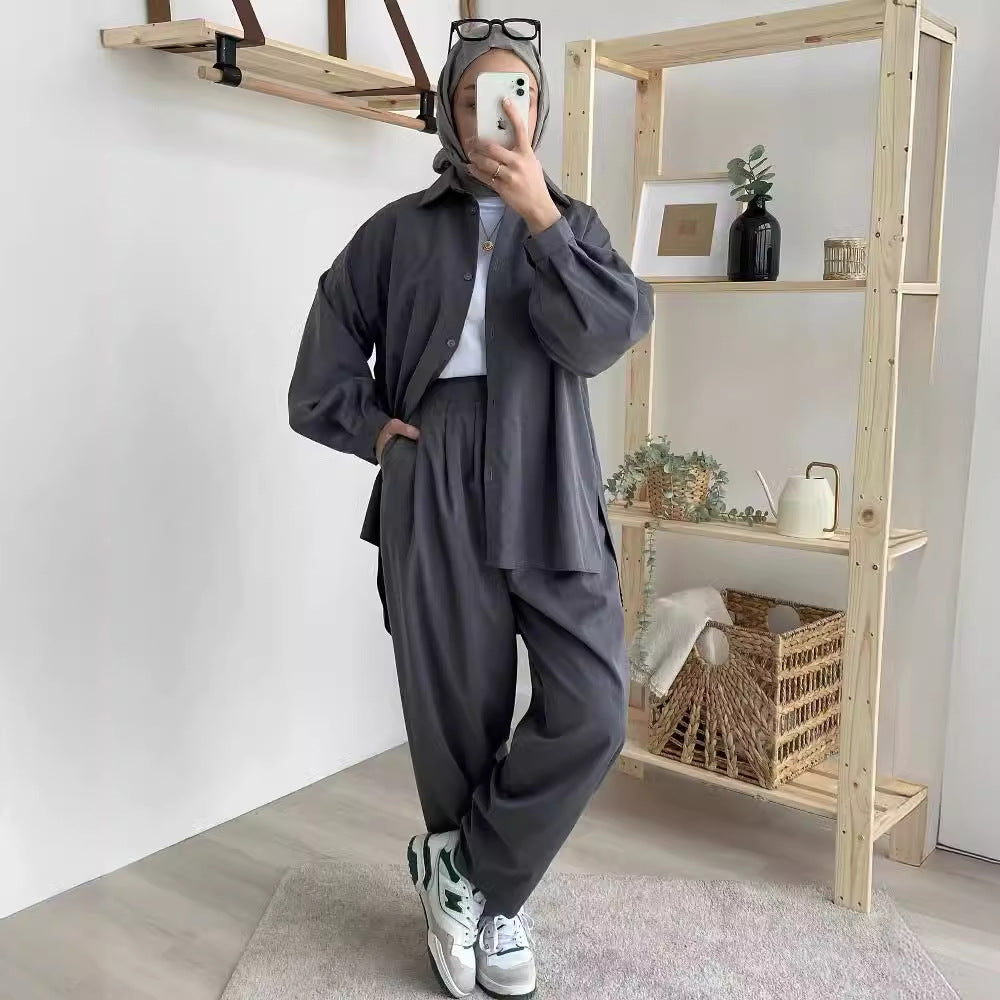 Casual Loose Shirt & Trousers Literary Two-Piece Set
