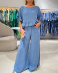 Solid Cotton And Linen Round Neck Top & Pants Two-Piece Set