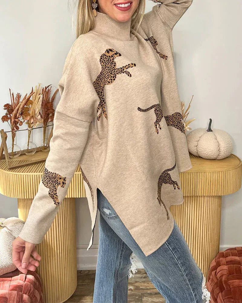 Casual Turtleneck Cheetah Print Sweater