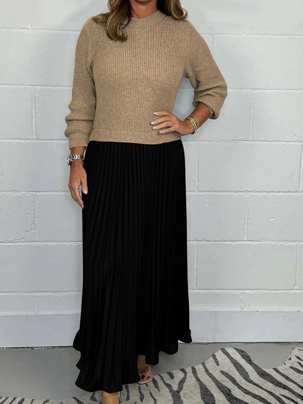 Fashion Solid Color Long-Sleeved Patchwork Pleated Dress