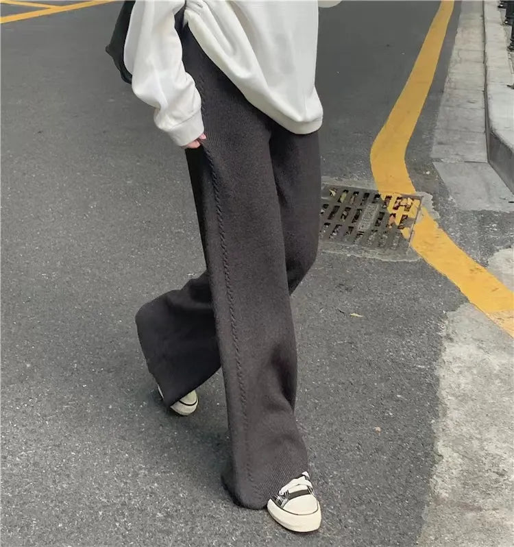 Twist Knit Wide Leg Casual Straight Trousers