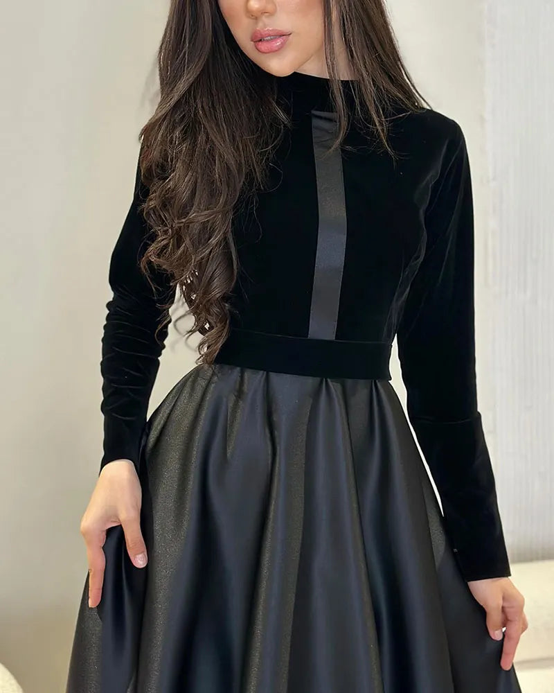 Gold velvet waisted round neck long sleeve dress
