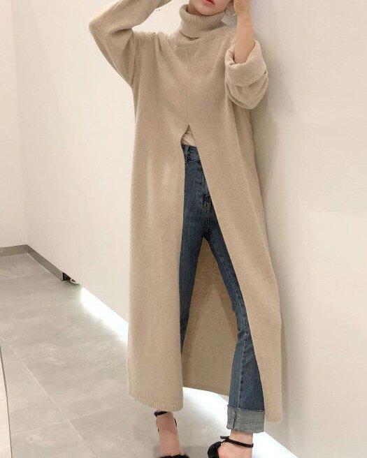 Sleeve Loose Casual Split Over The Knee Long Sweater