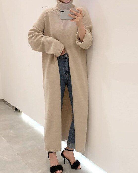 Sleeve Loose Casual Split Over The Knee Long Sweater