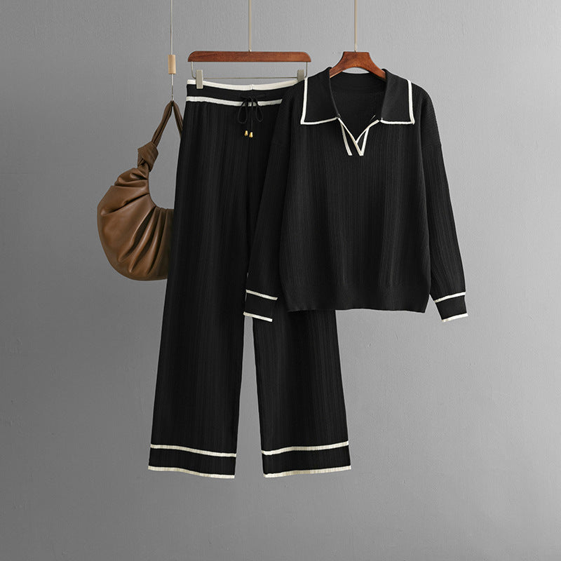 Stylish Lapel Contrast Color Casual Two-Piece Set
