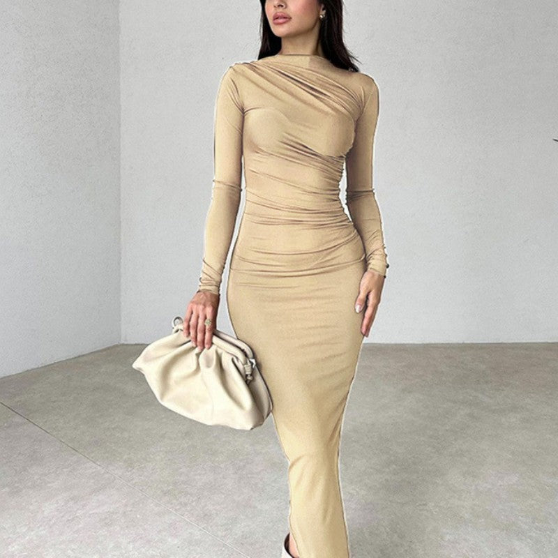 Sexy Pleated Long -sleeved Dress