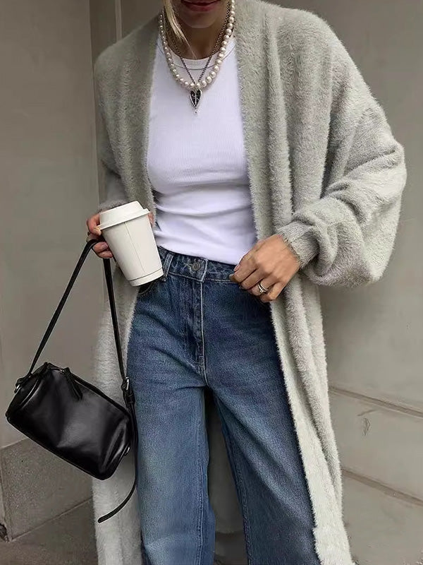 Stylish Solid Color Waistband Loose Long Sweater