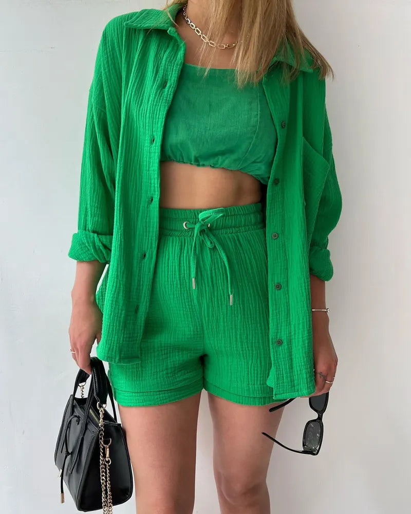 Fashion Shirt High Waist Drawstring Shorts Set