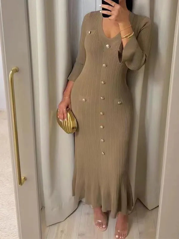 Fashion Solid Color Slim-Fit Long Sleeve Dress