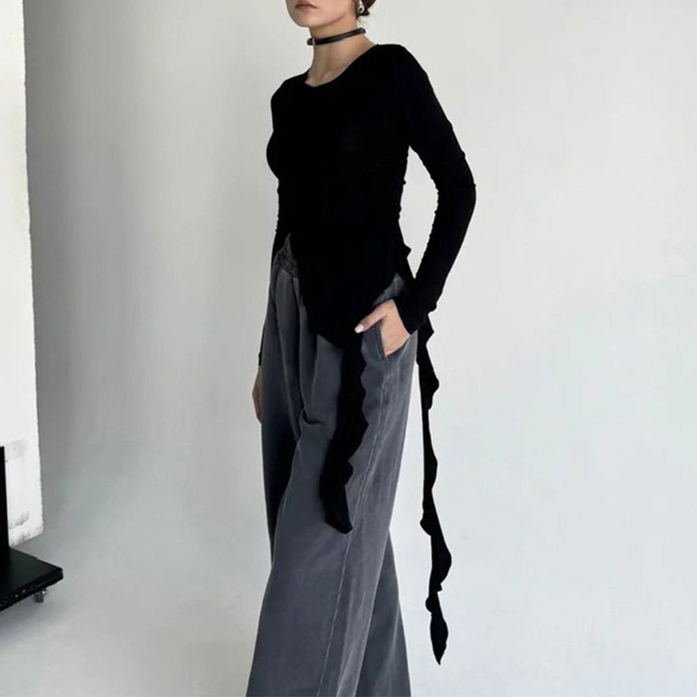 Solid Color Round Neck Ruffled Long-sleeved T-shirt
