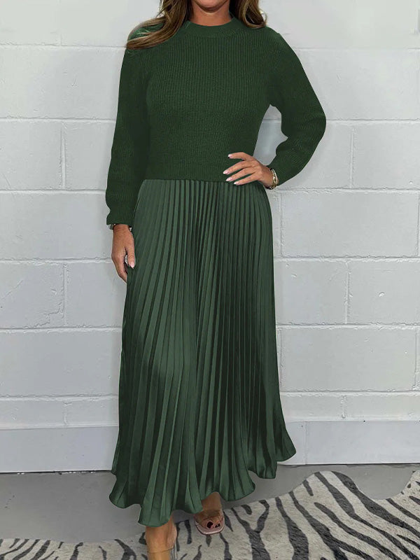 Fashion Solid Color Long-Sleeved Patchwork Pleated Dress