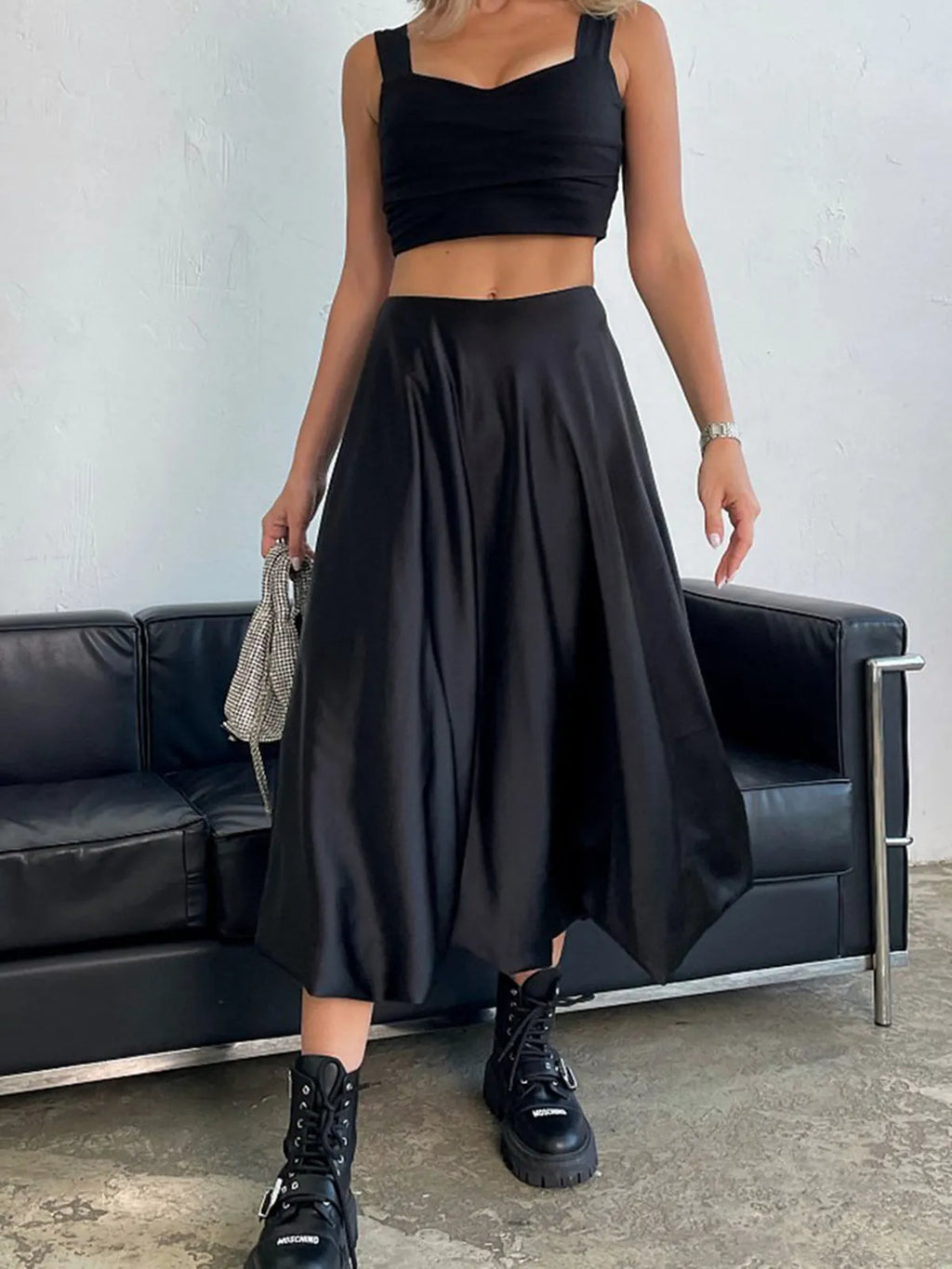 Zippered Satin A-Line Skirt